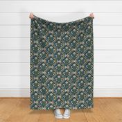 Chic vintage folk floral damask with mosaic geometrics on dark teal - green, gold, ochre, millennial pink - large