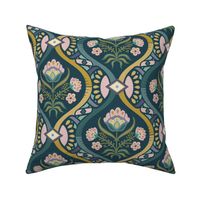 Chic vintage folk floral damask with mosaic geometrics on dark teal - green, gold, ochre, millennial pink - large