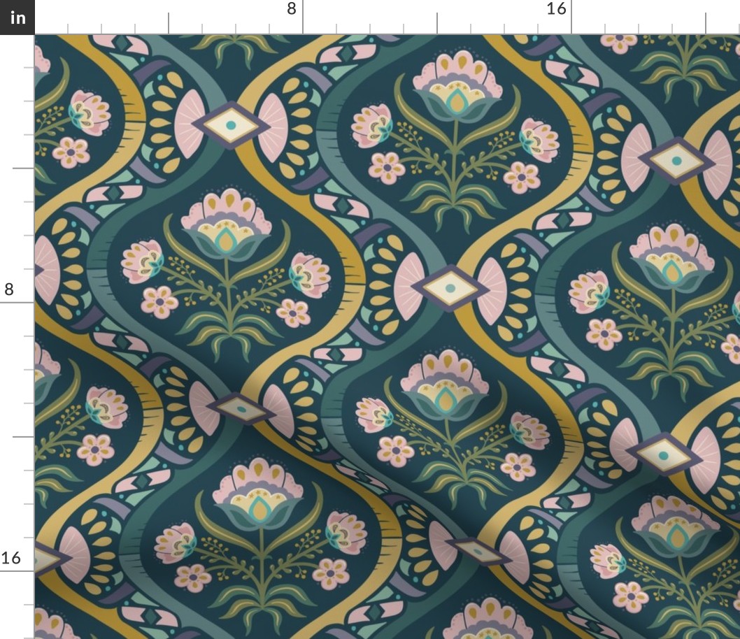 Chic vintage folk floral damask with mosaic geometrics on dark teal - green, gold, ochre, millennial pink - large