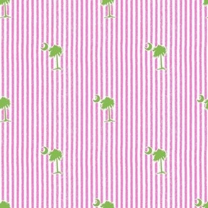 Pink Seersucker stripe with Green Palmetto Trees