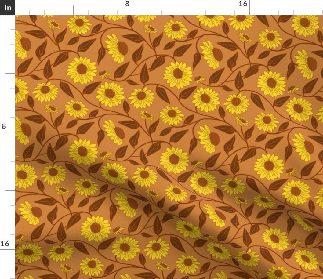 Block Print Coneflower Allover Yellow Beige and Brown