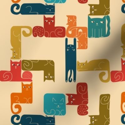 Fun cats shaped as a video game tetris blocks in retro colors, on beige