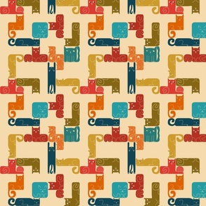 Fun cats shaped as a video game tetris blocks in retro colors, on beige