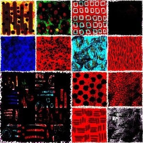 Grunge abstract marks on watercolour paper, reds, blacks and blues small thumbnail tiles