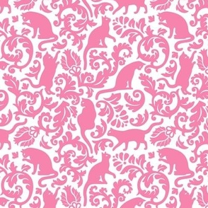 Small Scale / Cats In The Garden / Medium Pink On White Background