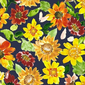 Sunflower Patch on Dark Blue, LARGE,  Autumn, Fall Fabric