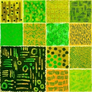 Abstract texture marks on watercolour paper in thumbnail tiles in green hues small