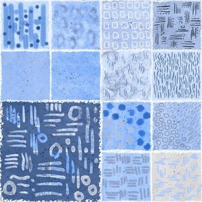 Abstract mark making art on watercolour paper in thumbnails tiles blue pastel hues small
