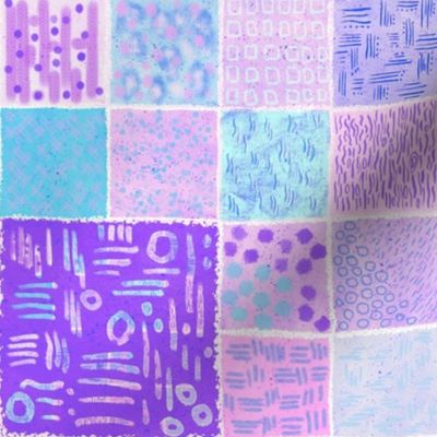 Abstract mark making art on watercolour paper in periwinkle, amethyst and aqua blue small tiled thumbnails