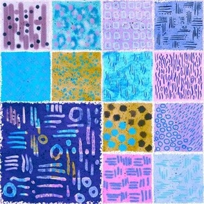 Mark making abstract on watercolour paper in deep blue, aqua and mauve small thumbnail tiles