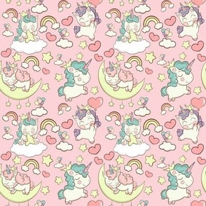 cute unicorns on a pink background with clouds, stars, rainbow and hearts seamless pattern for kids