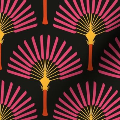 Boho fans palm trees pink yellow orange dark