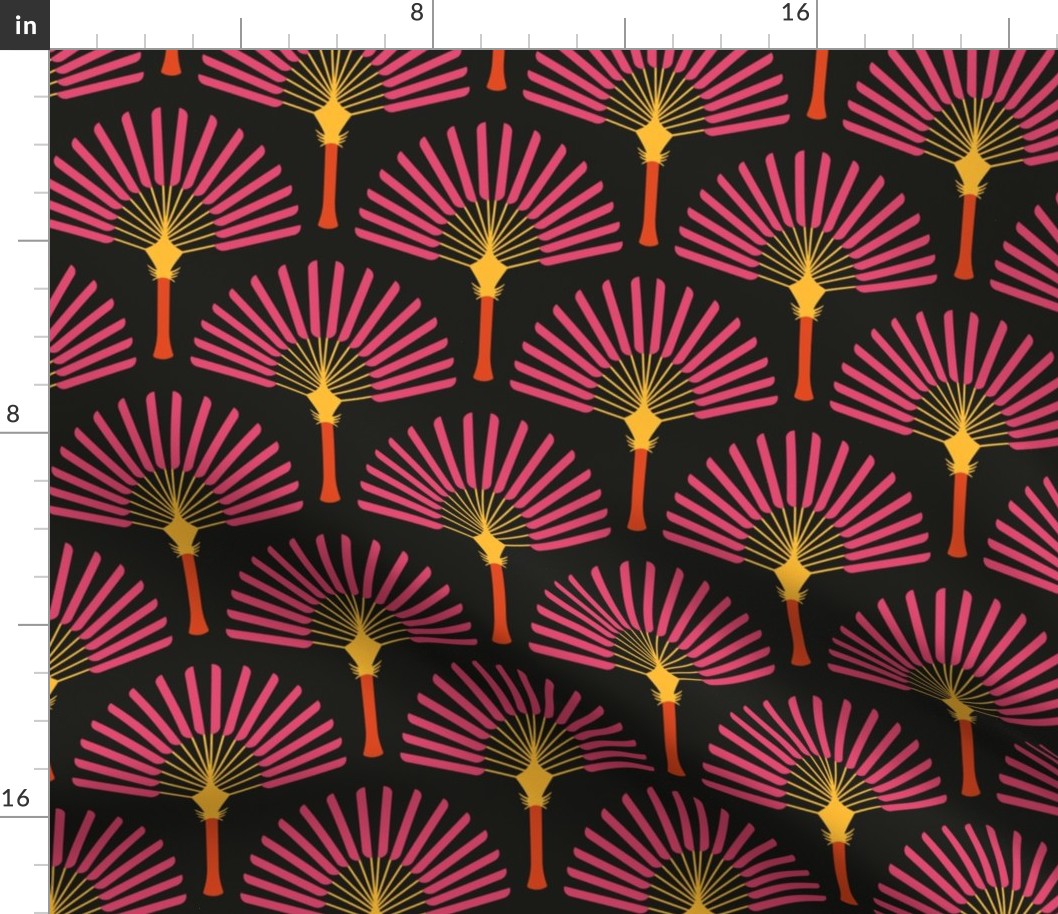 Boho fans palm trees pink yellow orange dark