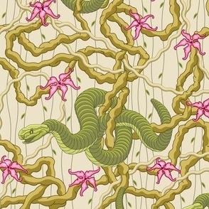 ★ SNAKY JUNGLE ★ Snakes, Vines, Tropical flowers / Green and Pink on Vanilla - Medium Scale / Collection : Welcome to the Jungle – Wild Tropical Prints
