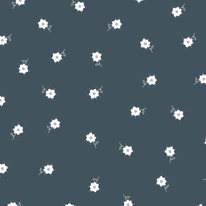 Small Micro Ditsy Floral with Dots on Navy