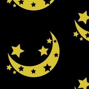 crescent moon and stars in yellow on black background
