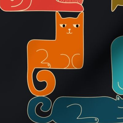Cute cats shaped as a tetris blocks in retro colors on black