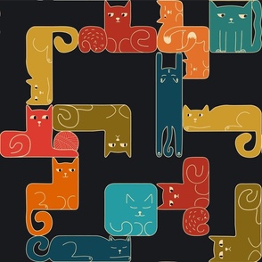 Cute cats shaped as a tetris blocks in retro colors on black