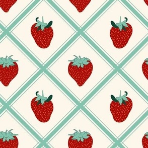 Medium Strawberries with Aqua Tartan and Off White Background