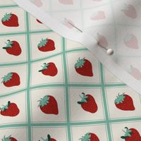 Mini Strawberries with Aqua Tartan and Off White Background