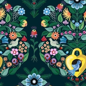 Busy pattern of colorful floral damask with birds flying around on dark background - large