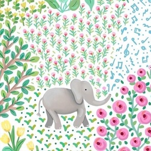 Graphical busy jungle scene with quirky baby elephants and multi color ditsy flowers on white - large