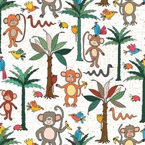 Monkeys in the joyful jungle with parakeets, tropical birds, beetles, chinchillas and snakes - large scale for kids wallpaper, kids cotton duvet cover, nursery decoration, kids accesories. 