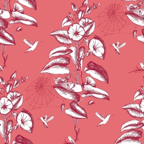 Etched Toile with Flowers and Hummingbirds - coral - large