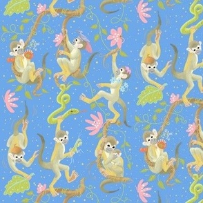 Squirrel monkeys in the jungle - on light blue