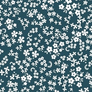 (small) White on Teal Ditsy Floral - Strawberry Folksy Coordinated Background / see in collections / 