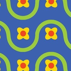 Green wavy lines / yellow flowers / blue background