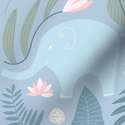 Elephants - jungle animal nursery print, kids room fabric and wallpaper