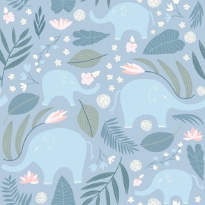 Elephants - jungle animal nursery print, kids room fabric and wallpaper