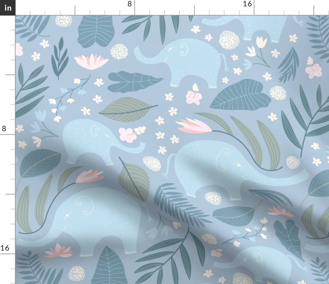 Elephants - jungle animal nursery print, kids room fabric and wallpaper