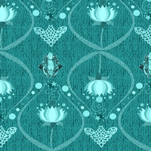 Monochrome teal frogs and waterlilies