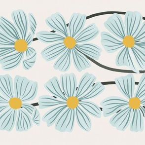 008 Botanical Retro Cosmos Flowers in Aqua Blue