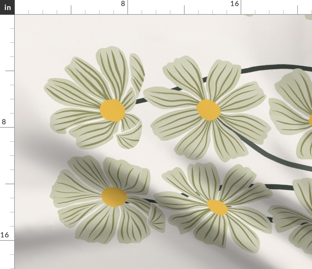 008 Botanical Retro Cosmos Flowers in Sage Green