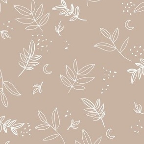 Messy midnight garden - autumn leaves and petals in raw ink speckles and branches tan beige