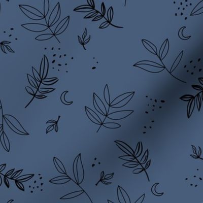 Messy midnight garden - autumn leaves and petals in raw ink speckles and branches classic blue