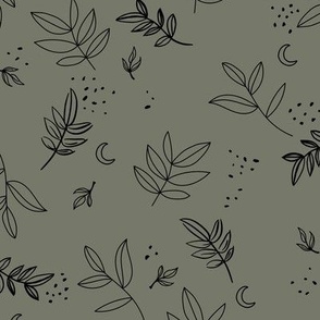 Messy midnight garden - autumn leaves and petals in raw ink speckles and branches neutral moody olive green