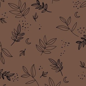 Messy midnight garden - autumn leaves and petals in raw ink speckles and branches neutral chocolate brown