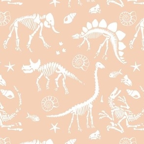 Jurassic discovery - Fossils and ammonites - paleontology and natural history design dinosaurs elephants under water creatures kids wallpaper white on blush pink