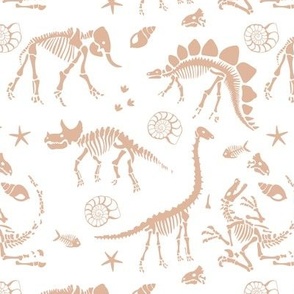 Jurassic discovery - Fossils and ammonites - paleontology and natural history design dinosaurs elephants under water creatures kids wallpaper caramel beige on white