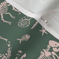 Jurassic discovery - Fossils and ammonites - paleontology and natural history design dinosaurs elephants under water creatures kids wallpaper ivory on moody olive green