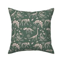 Jurassic discovery - Fossils and ammonites - paleontology and natural history design dinosaurs elephants under water creatures kids wallpaper ivory on moody olive green