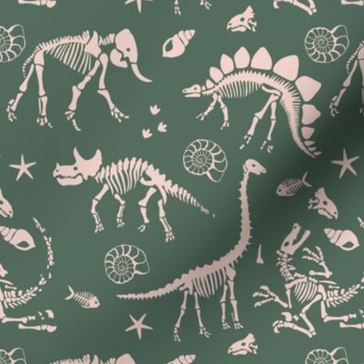 Jurassic discovery - Fossils and ammonites - paleontology and natural history design dinosaurs elephants under water creatures kids wallpaper ivory on moody olive green