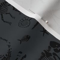 Jurassic discovery - Fossils and ammonites - paleontology and natural history design dinosaurs elephants under water creatures kids wallpaper black on charcoal gray