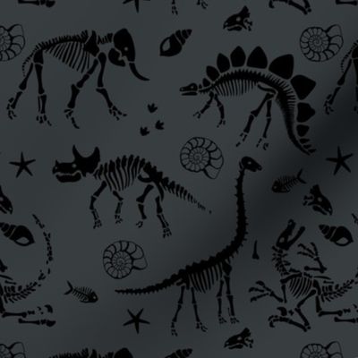 Jurassic discovery - Fossils and ammonites - paleontology and natural history design dinosaurs elephants under water creatures kids wallpaper black on charcoal gray