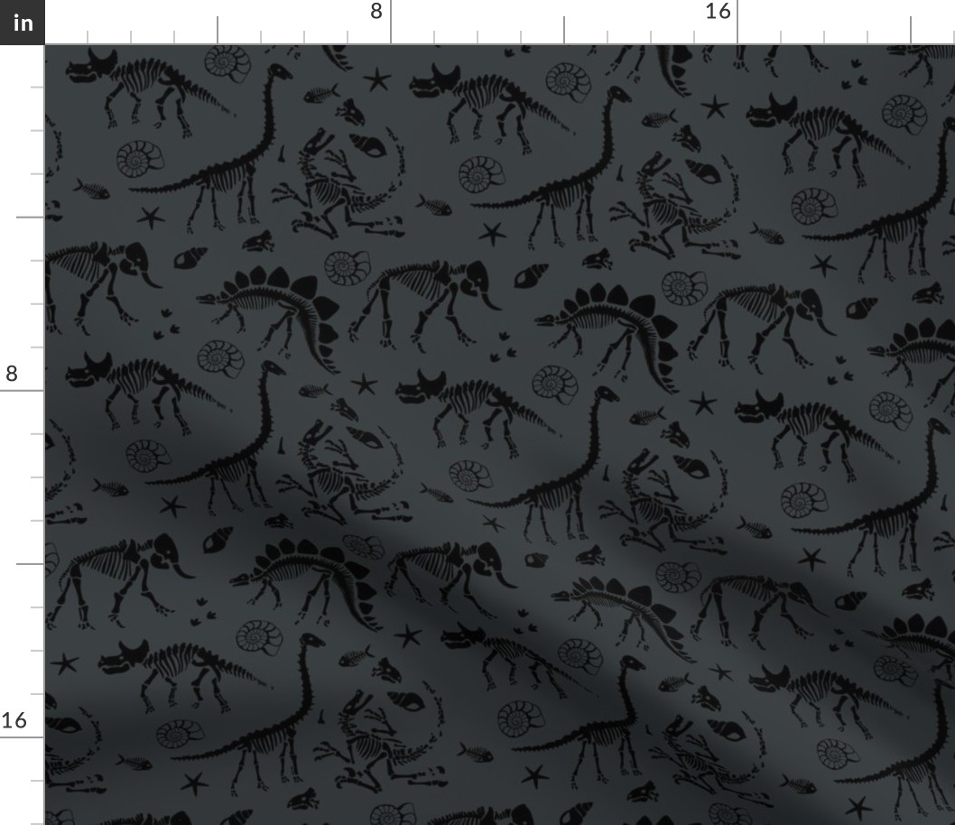 Jurassic discovery - Fossils and ammonites - paleontology and natural history design dinosaurs elephants under water creatures kids wallpaper black on charcoal gray