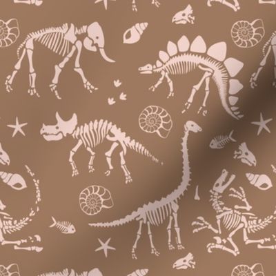Jurassic discovery - Fossils and ammonites - paleontology and natural history design dinosaurs elephants under water creatures kids wallpaper ivory blush on burnt orange stone